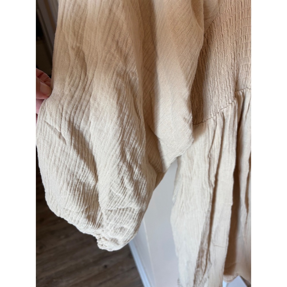Umgee USA Plus Size 1XL Smocked Ruffle Gauze Babydoll Dress Beige Boho 3/4 Slv - Picture 6 of 7